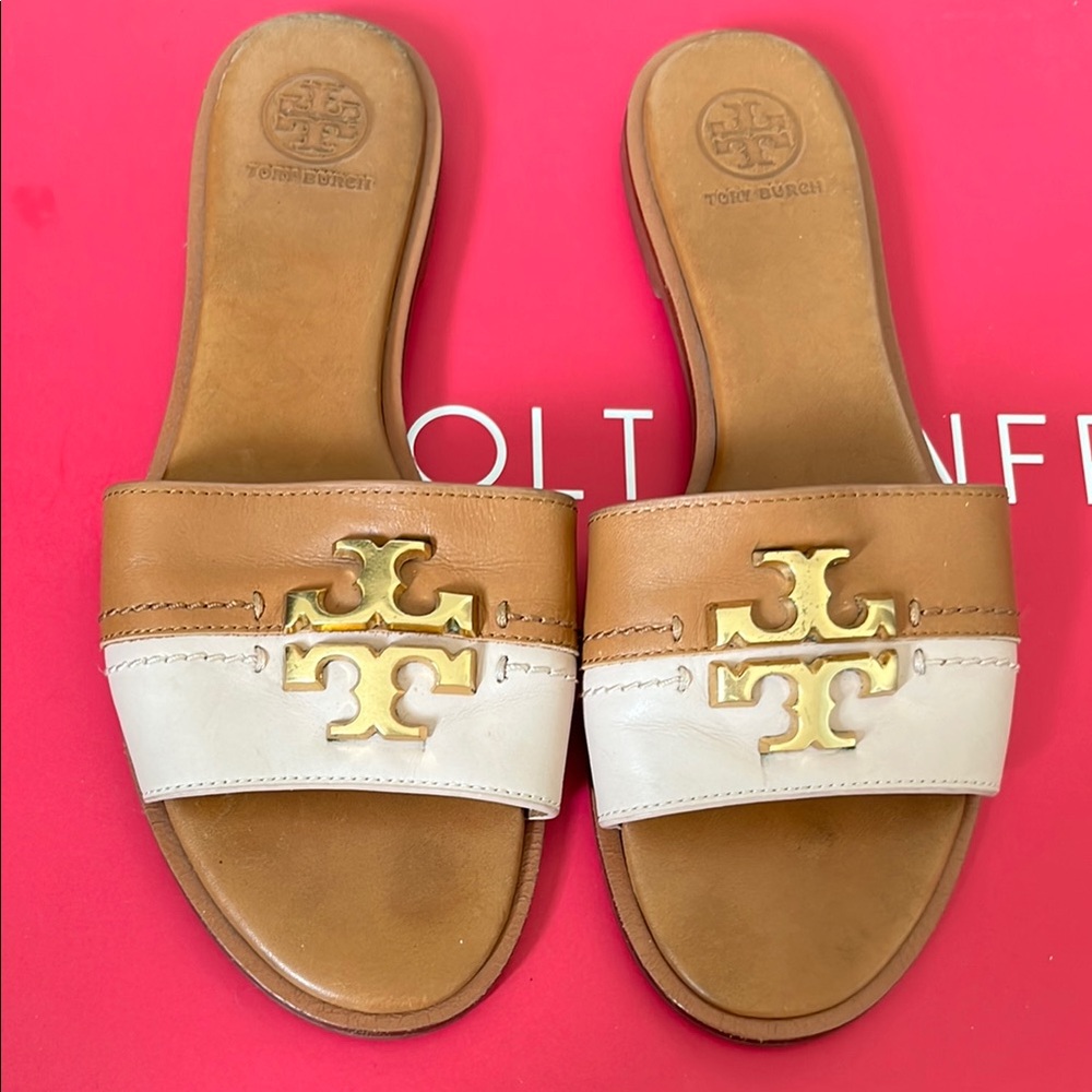 Tory Burch Brown and Cream Slide Sandals